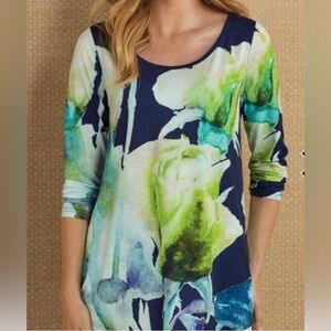 Soft Surroundings Camellia Bloom Floral Tunic Scoop Neck 3/4 Sleeve Large